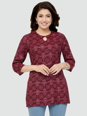 Maroon printed rayon short-kurtis 1