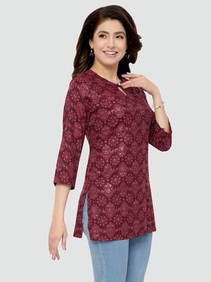 Maroon printed rayon short-kurtis 3