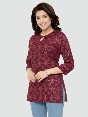 Maroon printed rayon short-kurtis 4