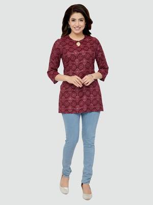 Maroon printed rayon short-kurtis 5