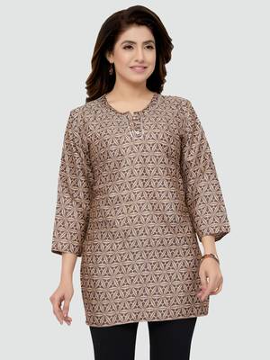 Beige printed rayon short-kurtis 1