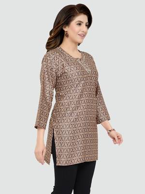 Beige printed rayon short-kurtis 3