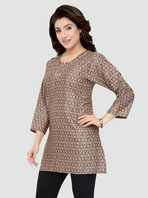 Beige printed rayon short-kurtis 4