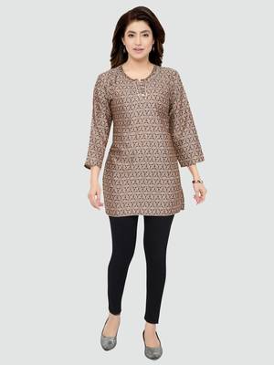 Beige printed rayon short-kurtis 5