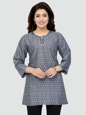 Grey printed rayon short-kurtis 1