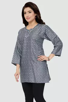 Grey printed rayon short-kurtis