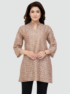 Beige printed rayon short-kurtis 1