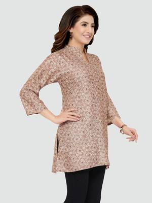 Beige printed rayon short-kurtis 3