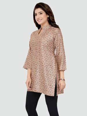 Beige printed rayon short-kurtis 4