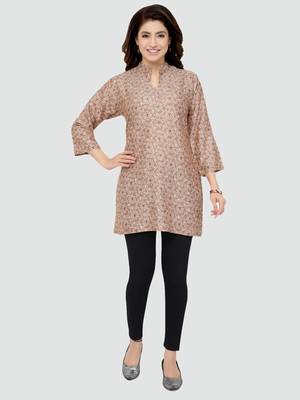 Beige printed rayon short-kurtis 5
