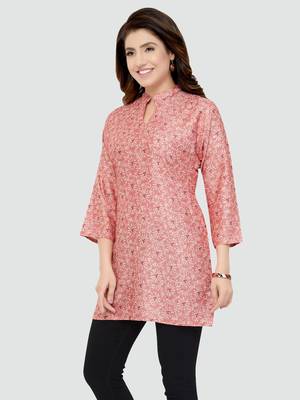 Pink printed rayon short-kurtis 4