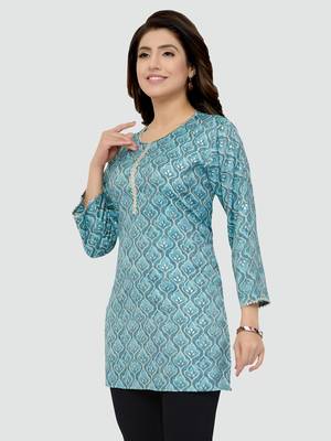 Blue printed rayon short-kurtis 4