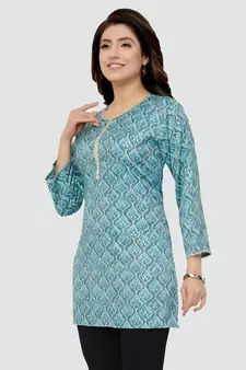 Blue printed rayon short-kurtis