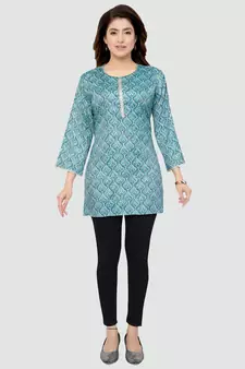 Blue printed rayon short-kurtis