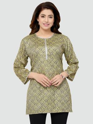 Green printed rayon short-kurtis 1