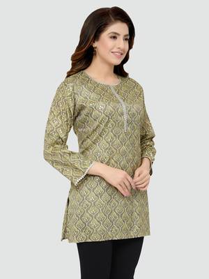 Green printed rayon short-kurtis 3