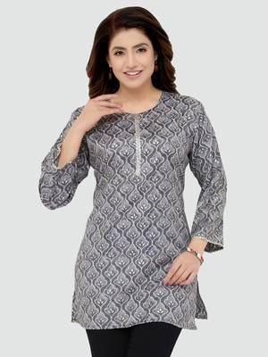 Grey printed rayon short-kurtis 1