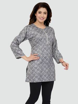 Grey printed rayon short-kurtis 3