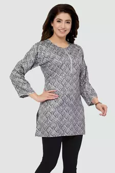 Grey printed rayon short-kurtis
