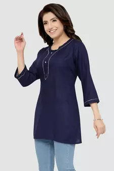 Navy-blue plain rayon short-kurtis