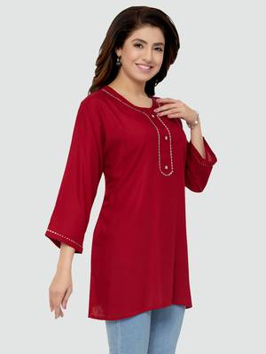 Red plain rayon short-kurtis 3