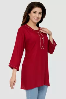Red plain rayon short-kurtis