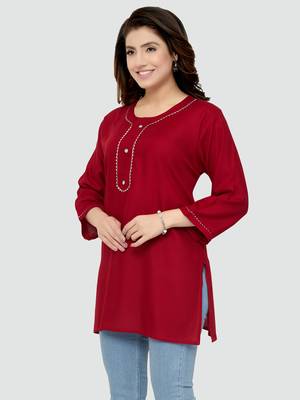 Red plain rayon short-kurtis 4