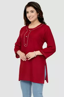 Red plain rayon short-kurtis