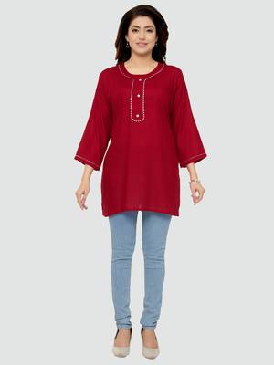 Red plain rayon short-kurtis 5