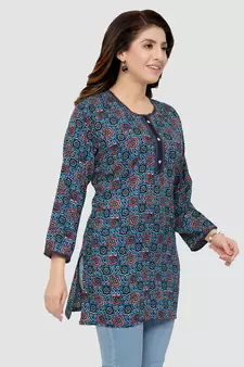 Blue printed rayon short-kurtis