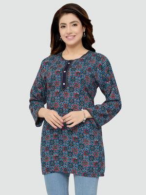 Blue printed rayon short-kurtis 4