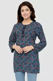 Blue printed rayon short-kurtis