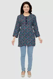 Blue printed rayon short-kurtis