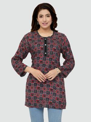 Grey printed rayon short-kurtis 1