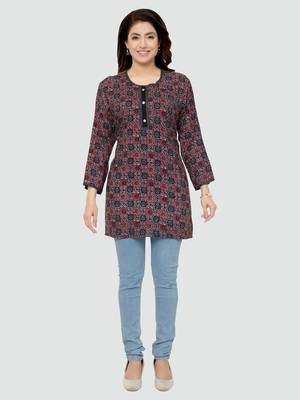 Grey printed rayon short-kurtis 5