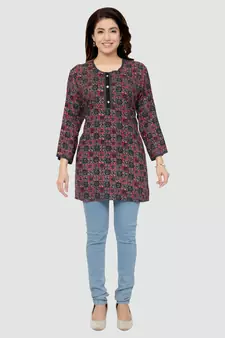 Grey printed rayon short-kurtis