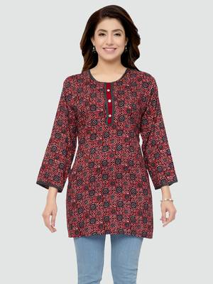 Maroon printed rayon short-kurtis 1