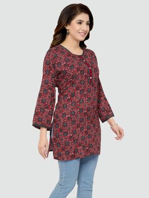 Maroon printed rayon short-kurtis 3