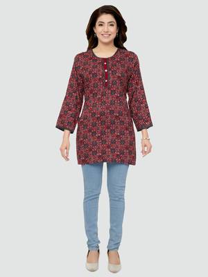 Maroon printed rayon short-kurtis 5
