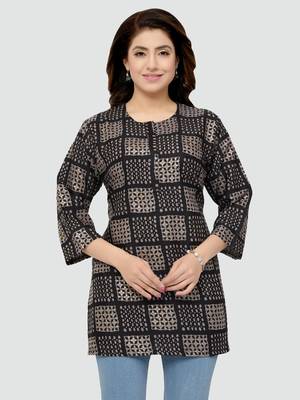Black printed rayon short-kurtis 1