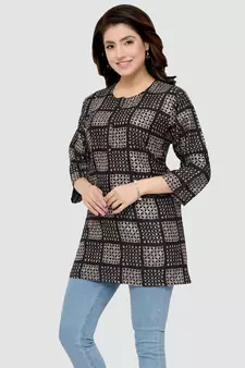 Black printed rayon short-kurtis