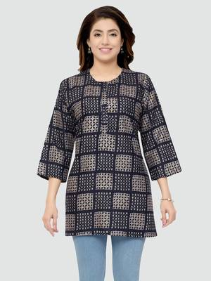 Navy-blue printed rayon short-kurtis 1