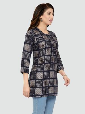 Navy-blue printed rayon short-kurtis 3