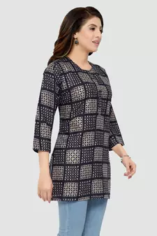 Navy-blue printed rayon short-kurtis