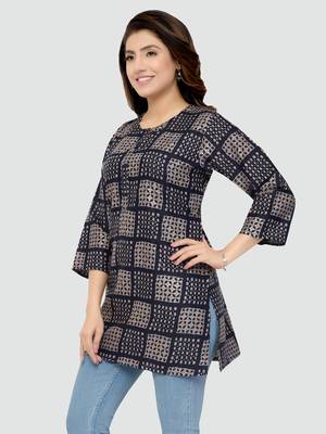 Navy-blue printed rayon short-kurtis 4