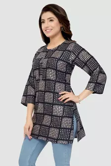 Navy-blue printed rayon short-kurtis