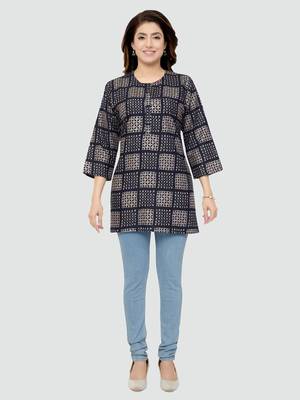 Navy-blue printed rayon short-kurtis 5