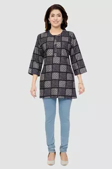 Navy-blue printed rayon short-kurtis