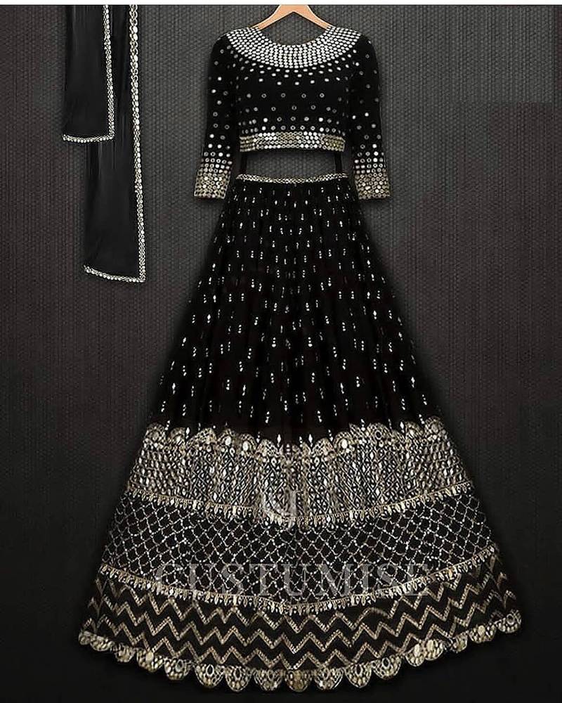 Black Zari and Sequins Embroidered georgette semi stitched lehenga choli for wedding