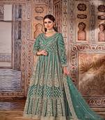 Turquiose Blue+embroidery+net+semi stitch+anarkali+gowns